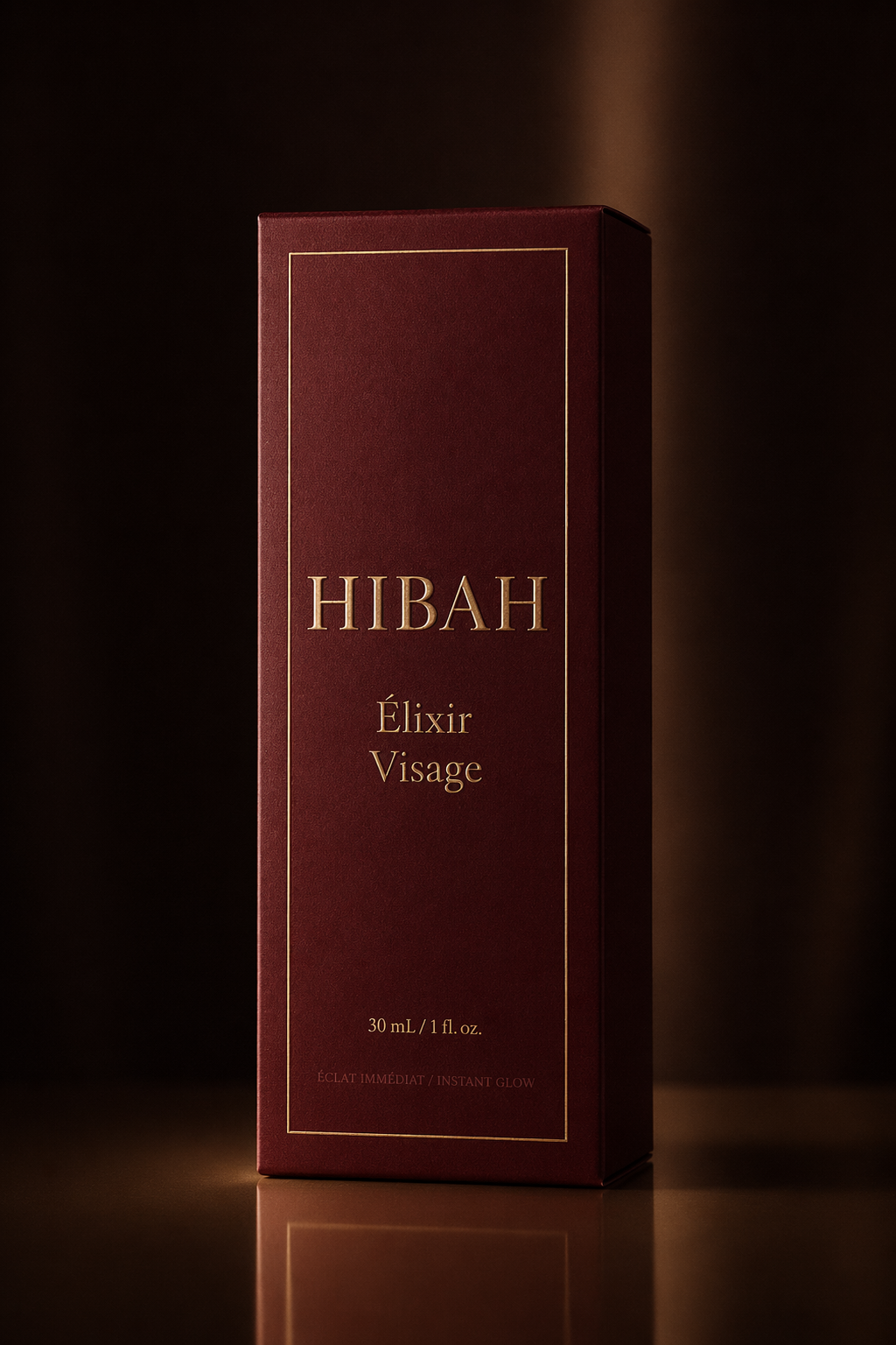 HIBAH &Eacute;lixir Visage &mdash; packaging bordeaux et or sur fond sombre